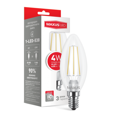 LED лампа MAXUS (filam), C37 TL, 4W, теплый свет,E14 (1-LED-539-01)