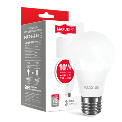 LED лампа MAXUS A60 10W теплый свет 220V E27 (1-LED-561-01)