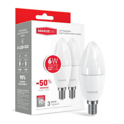 Набор LED ламп MAXUS C37 6W теплый свет E14 (по 2 шт.) (2-LED-533)